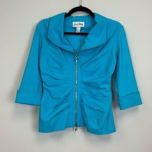 Joseph Ribkoff Womens Turquoise Blue Pleated Stretch Two Way Zip Blazer Jacket 6